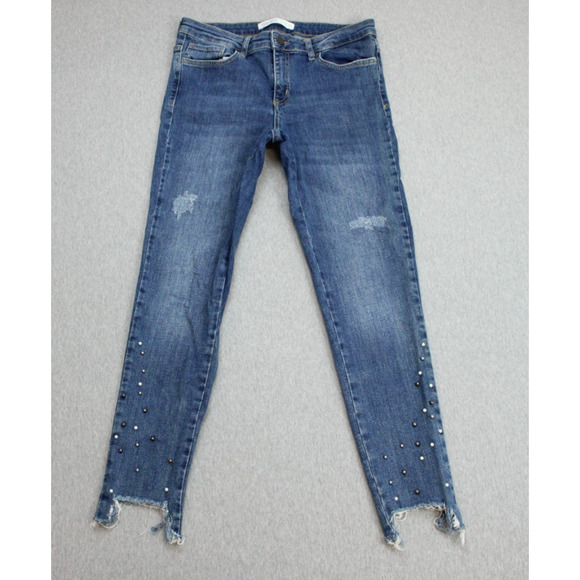 Zara Jeans Women's Size 8 Blue Beaded Skinny Distressed Mid Rise - Picture 1 of 9